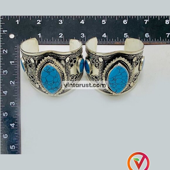 Single Ethnic Turquoise Stone Handcuff Bracelet-Afghan Kuchi Bracelet - Picture 14 of 16